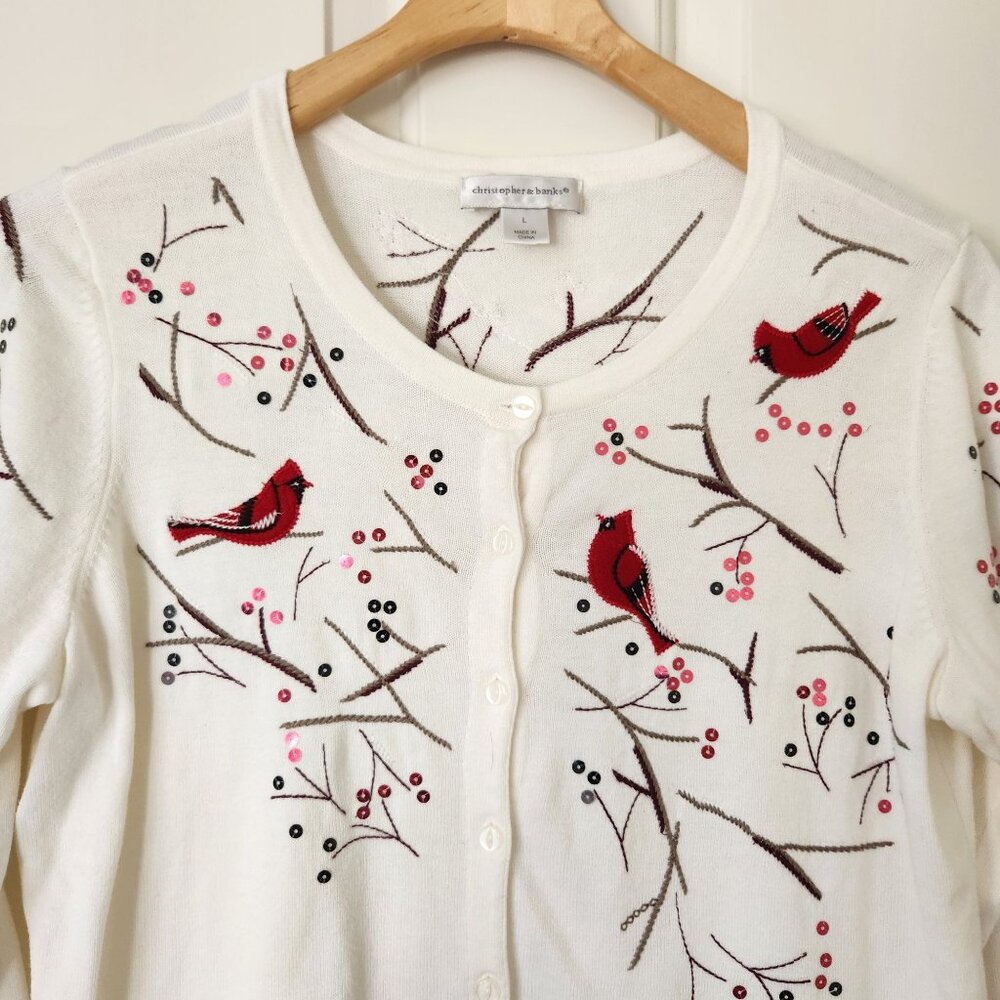 Embroidered Cardinal Sequins Cardigan Sweater Cream Red Grandma Winter Holiday - Picture 3 of 13